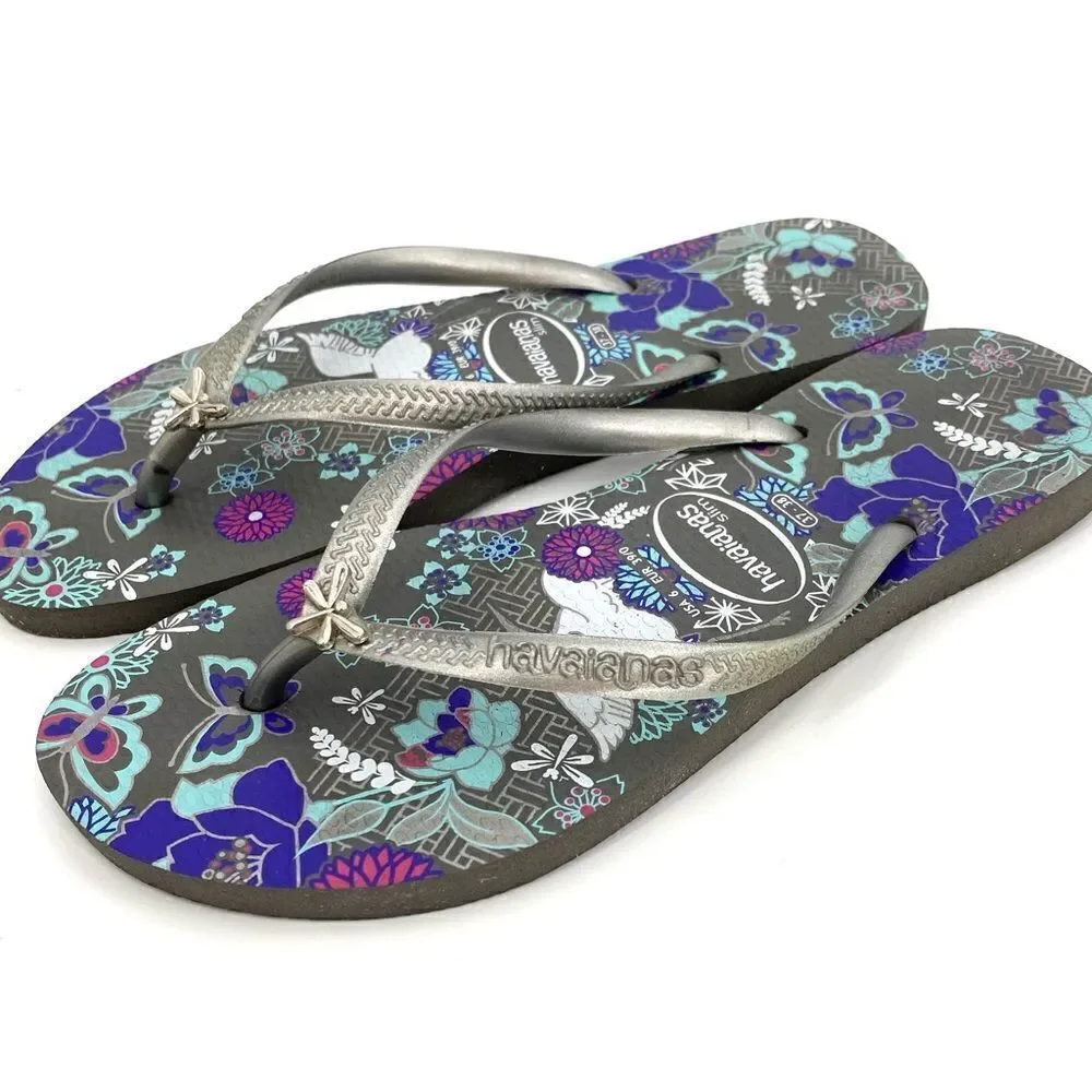 Havaianas gray and teal butterfly flip flops size 6 (37/38)
